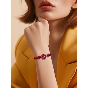 Natural Red Cinnabar Four-Leaf Clover Braided Rope Bracelet Symbolic Lucky Charm
